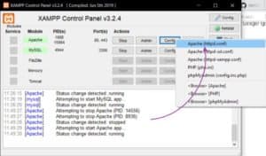 Screenshot of the XAMPP Control Panel v3.2.4 with the config button for the appache module selected and its submenu visible. The top item of the submenu has an arrow pointing at it to indicate that's the one to select, it is called: Apache (httpd.conf)