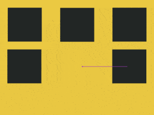 Illustration of a grid of 5 dark boxes on a yellow background divided over two rows. The top row has three boxes and the bottom one has two boxes. The right box on the bottom row is right-aligned, leaving a gap in the middle. A purple arrow points from the middle of that last box to the center of that row.