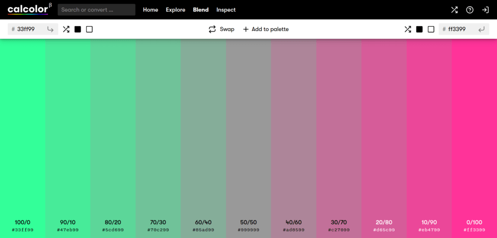 This screenshot shows the blending in 10 steps between color #33ff99 and color #ff3399 on the calcolor.co website